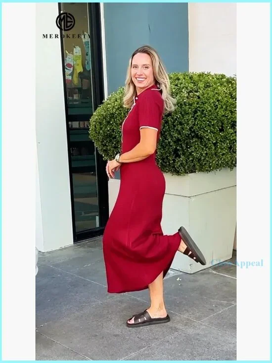 Ribbed Maxi Dress V-Neck Button Front Slim Fit Knit Sweater Dress - Picture 7 of 7